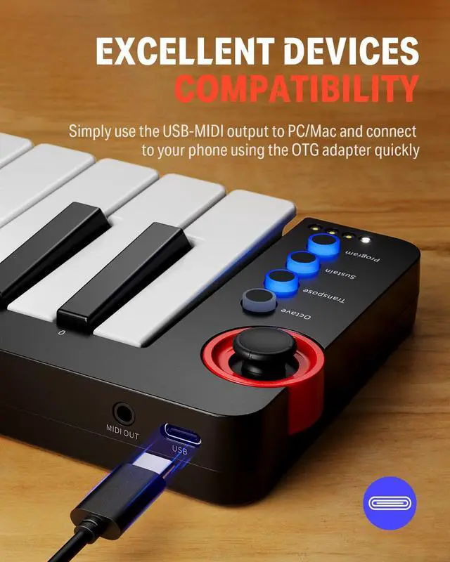 Alt view image 4 of 7 - Mini MIDI Keyboard, N-25 25 Key MIDI Controller for Beginner with Velocity-Sensitive Mini Keys&Light-up Rocker&Music Production Software, Small Controlador MIDI with 40 Teaching Courses