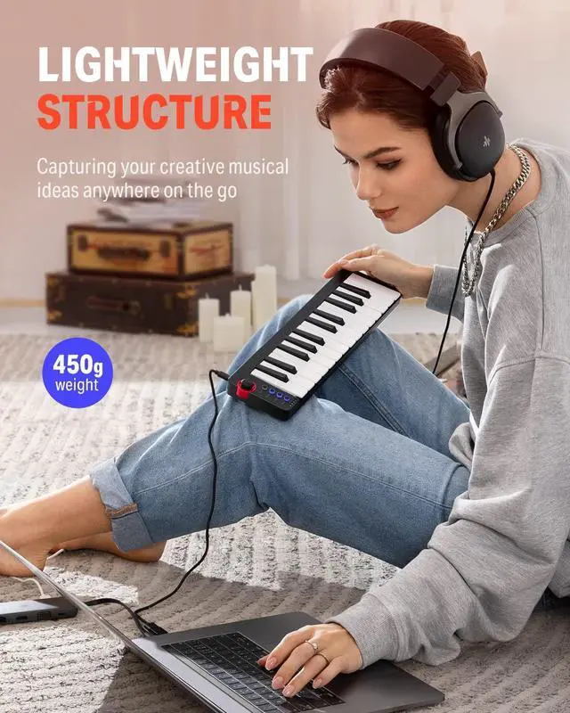 Alt view image 6 of 7 - Mini MIDI Keyboard, N-25 25 Key MIDI Controller for Beginner with Velocity-Sensitive Mini Keys&Light-up Rocker&Music Production Software, Small Controlador MIDI with 40 Teaching Courses