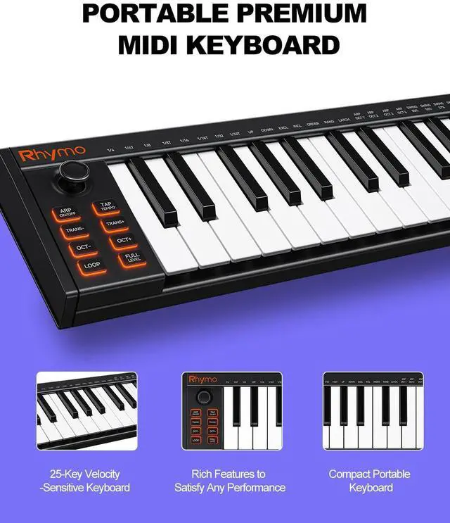 Alt view image 2 of 7 - 25 Key MIDI Keyboard Controller Portable USB MIDI Controller with Arpeggiator, Velocity Sensitive Keys, Beat Maker for Beginners - Compatible with GarageBand, FL Studio, Ableton Live