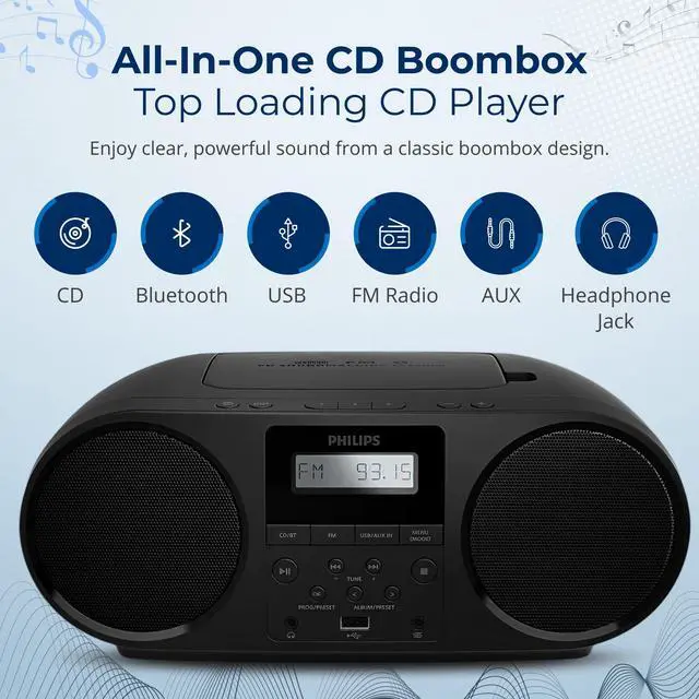 Alt view image 2 of 7 - Portable CD Player Boombox with Bluetooth, FM Radio, Dynamic Bass Boost Speakers, USB/Headphone Jack/Aux Input, All-in-One Compact Stereo Sound CD Player for Home, CD-RW/MP3 Playback