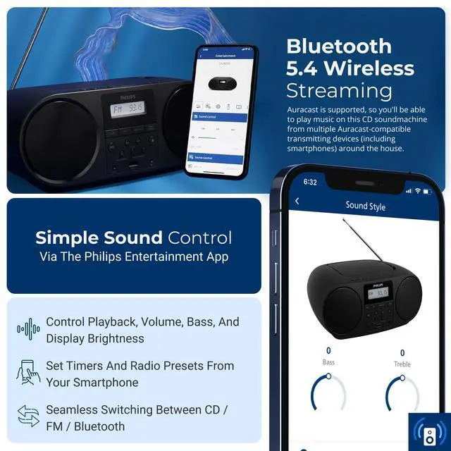 Alt view image 5 of 7 - Portable CD Player Boombox with Bluetooth, FM Radio, Dynamic Bass Boost Speakers, USB/Headphone Jack/Aux Input, All-in-One Compact Stereo Sound CD Player for Home, CD-RW/MP3 Playback