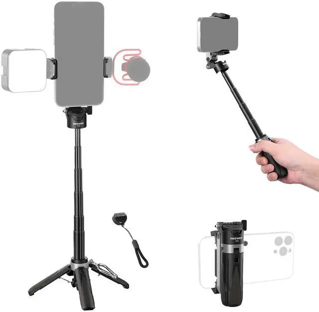 Main image of NEEWER Selfie Stick with Detachable Bluetooth Remote Shutter, Lightweight Foldable Travel Tripod for iPhone for YouTube/TikTok Vlogs Live Streaming Photography, Black, P15