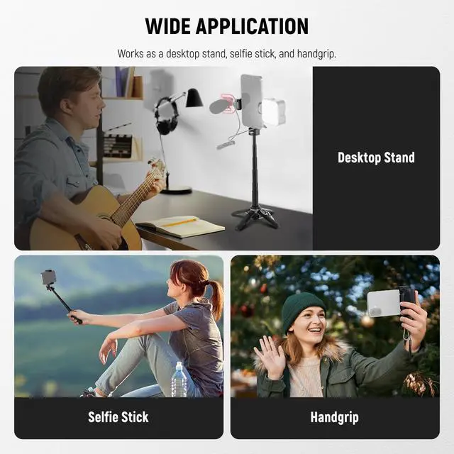 Alt view image 3 of 7 - NEEWER Selfie Stick with Detachable Bluetooth Remote Shutter, Lightweight Foldable Travel Tripod for iPhone for YouTube/TikTok Vlogs Live Streaming Photography, Black, P15