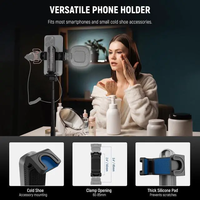 Alt view image 5 of 7 - NEEWER Selfie Stick with Detachable Bluetooth Remote Shutter, Lightweight Foldable Travel Tripod for iPhone for YouTube/TikTok Vlogs Live Streaming Photography, Black, P15