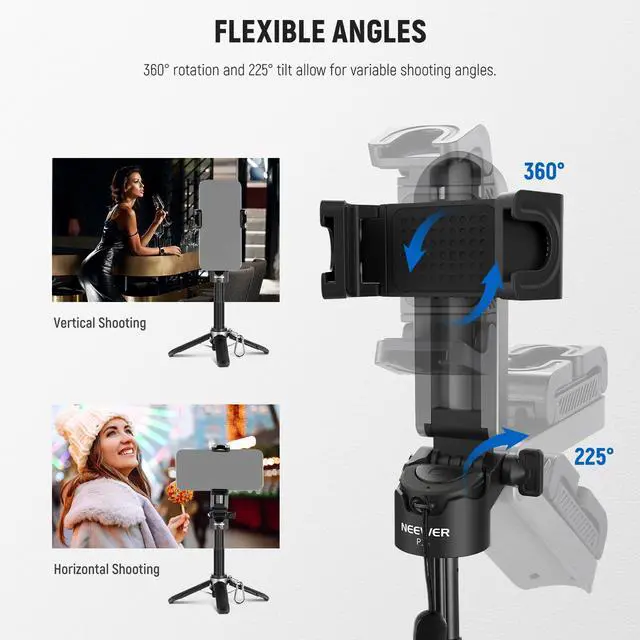 Alt view image 4 of 7 - NEEWER Selfie Stick with Detachable Bluetooth Remote Shutter, Lightweight Foldable Travel Tripod for iPhone for YouTube/TikTok Vlogs Live Streaming Photography, Black, P15