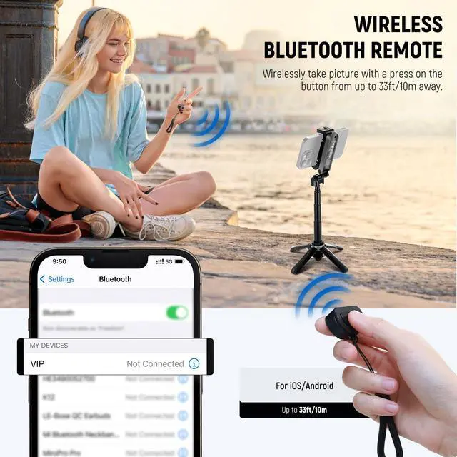Alt view image 7 of 7 - NEEWER Selfie Stick with Detachable Bluetooth Remote Shutter, Lightweight Foldable Travel Tripod for iPhone for YouTube/TikTok Vlogs Live Streaming Photography, Black, P15