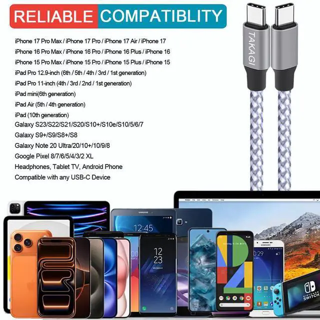 Alt view image 7 of 7 - USB C to USB C Cable,Type C Charger Fast Charging Cable 60W 3ft 3Pack Nylon Braided Data Sync USB C Cable for iPhone 17 16 15 Pro Max,Plus/iPad Mini 6,Pro 12.9/MacBook Pro/Air 4/5/Galaxy S25/S24/S23