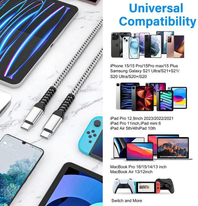 Alt view image 6 of 6 - USB C to USB C Cable (3 Pack 10ft) iPhone 16/15 Charger Cord, 60W Extra Long Type C Fast Charging Cable for Apple iPhone 16/15 Pro Max/MacBook Air/Pro, iPad Pro 12.9/11/,Samsung Galaxy S23/22/21/20