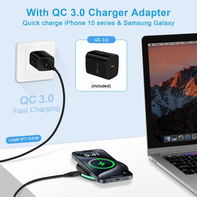 Alt view image 3 of 7 - for Samsung S26 Ultra Wireless Charger Fast Charging Pad for Samsung Galaxy S26 Ultra S26+ S26 S25 FE S24 S23 S22 S21,15W Wireless Charger Station + QC3.0 Adapter for iPhone 17 16 15,Google Pixel 10a
