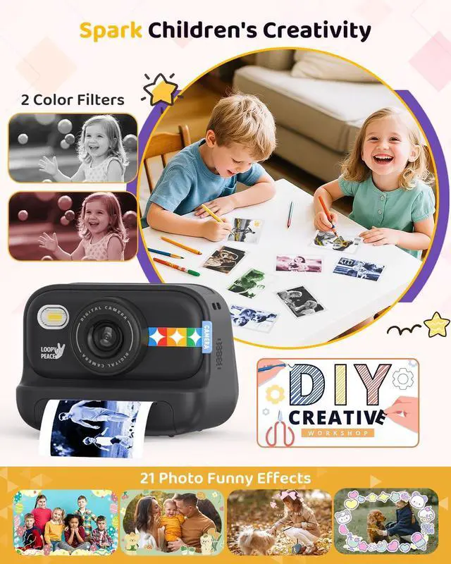 Alt view image 3 of 7 - Kids Color Instant Print Camera Kids Camera with 5 Color Photo Paper, 48MP & 1080P Video, 21 Fun Frames, 32G Card, Christmas/Birthday Gifts for Girls and Boys Ages 3 4 5 6 7 8 9 10 11 12 - Black