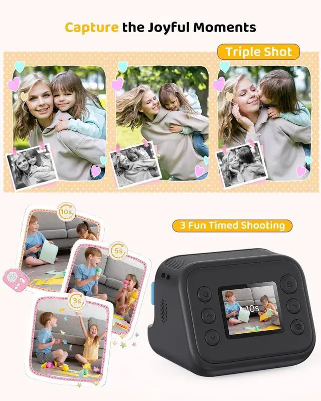Alt view image 4 of 7 - Kids Color Instant Print Camera Kids Camera with 5 Color Photo Paper, 48MP & 1080P Video, 21 Fun Frames, 32G Card, Christmas/Birthday Gifts for Girls and Boys Ages 3 4 5 6 7 8 9 10 11 12 - Black