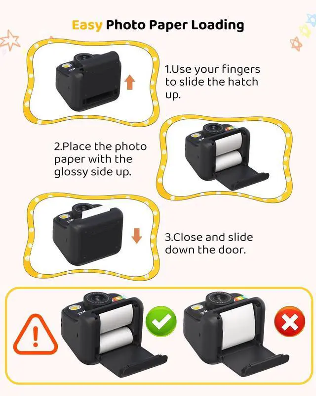 Alt view image 6 of 7 - Kids Color Instant Print Camera Kids Camera with 5 Color Photo Paper, 48MP & 1080P Video, 21 Fun Frames, 32G Card, Christmas/Birthday Gifts for Girls and Boys Ages 3 4 5 6 7 8 9 10 11 12 - Black
