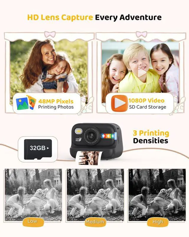 Alt view image 7 of 7 - Kids Color Instant Print Camera Kids Camera with 5 Color Photo Paper, 48MP & 1080P Video, 21 Fun Frames, 32G Card, Christmas/Birthday Gifts for Girls and Boys Ages 3 4 5 6 7 8 9 10 11 12 - Black