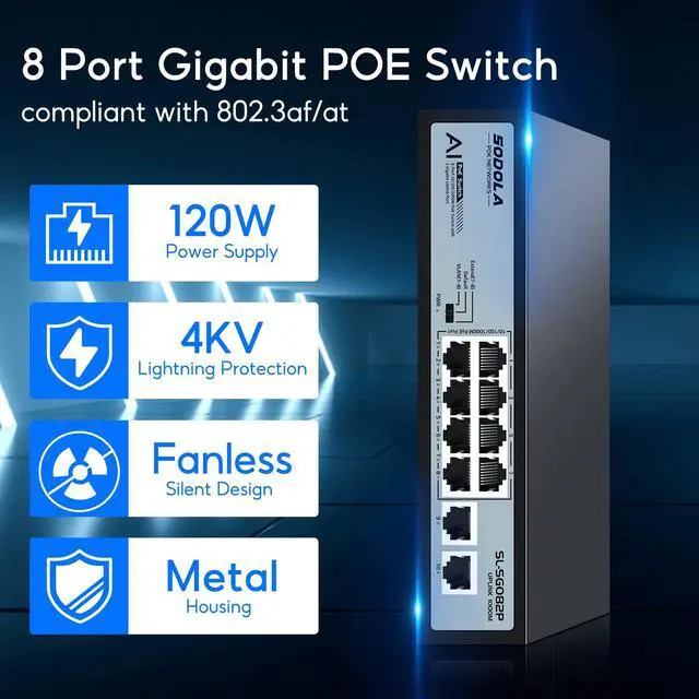 Alt view image 3 of 7 - 8 Port Gigabit PoE Switch,2 Gigabit Uplinks,120W 48V Built-in Power,802.3af/at,Plug & Play Unmanaged PoE Network Switch