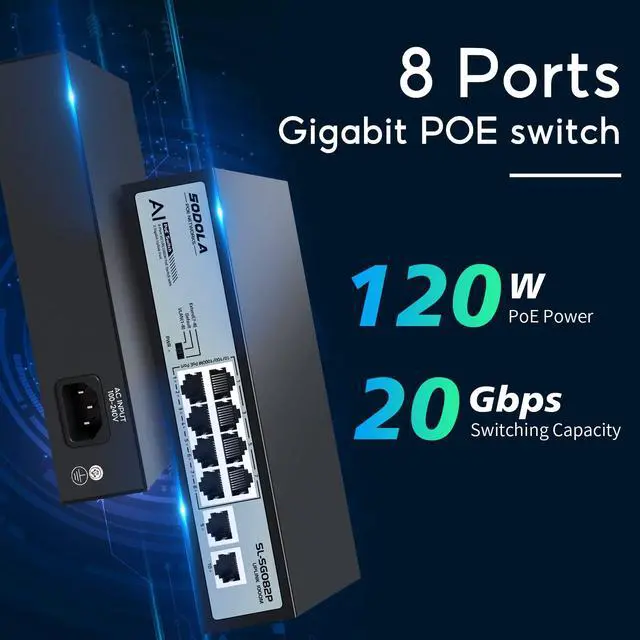 Alt view image 4 of 7 - 8 Port Gigabit PoE Switch,2 Gigabit Uplinks,120W 48V Built-in Power,802.3af/at,Plug & Play Unmanaged PoE Network Switch