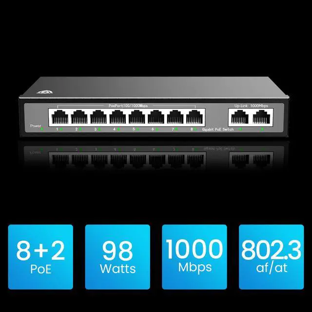 Alt view image 2 of 7 - 8 Port Gigabit Switch, Unmanaged Ethernet Switch, Network Hub, Ethernet Splitter, 2 Gigabit UplinkPort Metal Casing, Support PoE Power Supply, Desktop or Wall Mount,Plug & Play,networkswitch8