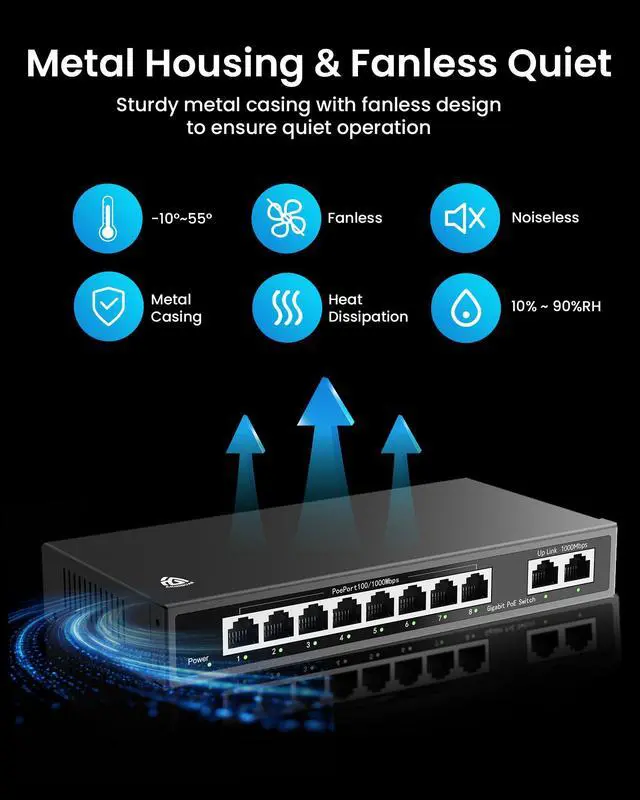 Alt view image 6 of 7 - 8 Port Gigabit Switch, Unmanaged Ethernet Switch, Network Hub, Ethernet Splitter, 2 Gigabit UplinkPort Metal Casing, Support PoE Power Supply, Desktop or Wall Mount,Plug & Play,networkswitch8