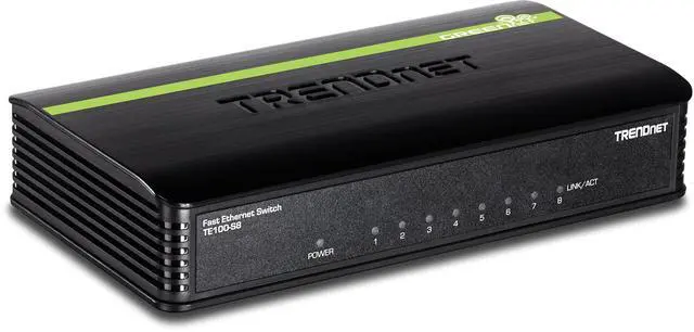 Main image of 8-Port Unmanaged 10/100 Mbps GREENnet Ethernet Desktop Switch, TE100-S8, 1.6 Gbps Switching Capacity, Plastic Housing, Network Ethernet Switch, Plug & Play Black
