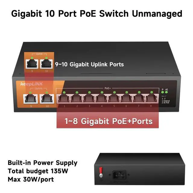 Alt view image 2 of 7 - 8 Port Gigabit PoE Switch with 2 Gigabit Uplink, 135W Built-in Power Supply, 802.3AF/AT Compliant, Desktop or Wall Mount, Ethernet Network Switch Unmanaged