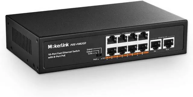 Main image of 10 Port PoE Switch, 8 Port PoE+ 100Mbps, 2 Gigabit Uplink, 96W 802.3af/at, Vlan & Extend, Fanless Metal Plug & Play Ethernet Switch