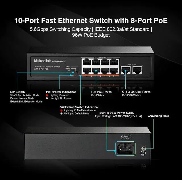 Alt view image 2 of 7 - 10 Port PoE Switch, 8 Port PoE+ 100Mbps, 2 Gigabit Uplink, 96W 802.3af/at, Vlan & Extend, Fanless Metal Plug & Play Ethernet Switch