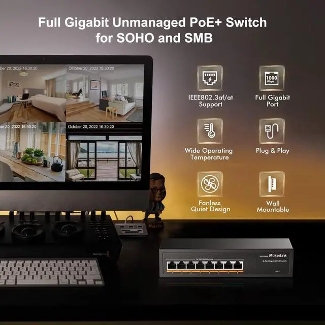 Alt view image 2 of 7 - 8 Port Gigabit PoE Switch, 8 PoE+ Ports 1000Mbps, 802.3af/at 120W, Metal Fanless Unmanaged Plug and Play