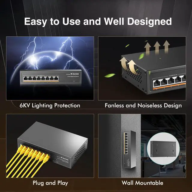Alt view image 4 of 7 - 8 Port Gigabit PoE Switch, 8 PoE+ Ports 1000Mbps, 802.3af/at 120W, Metal Fanless Unmanaged Plug and Play