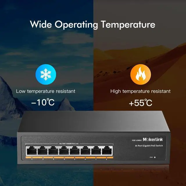 Alt view image 6 of 7 - 8 Port Gigabit PoE Switch, 8 PoE+ Ports 1000Mbps, 802.3af/at 120W, Metal Fanless Unmanaged Plug and Play