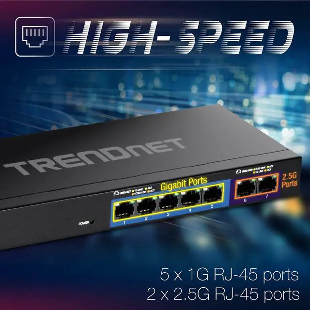 Alt view image 2 of 7 - 7-Port Multi-Gig Gaming Switch, TEG-S327, 5 x 1G RJ-45 Base-T Ports, 2 x 2.5G RJ-45 Ports, 20Gbps Switching Capacity, Wall Mountable, Plug & Play, Lifetime Protection, Black