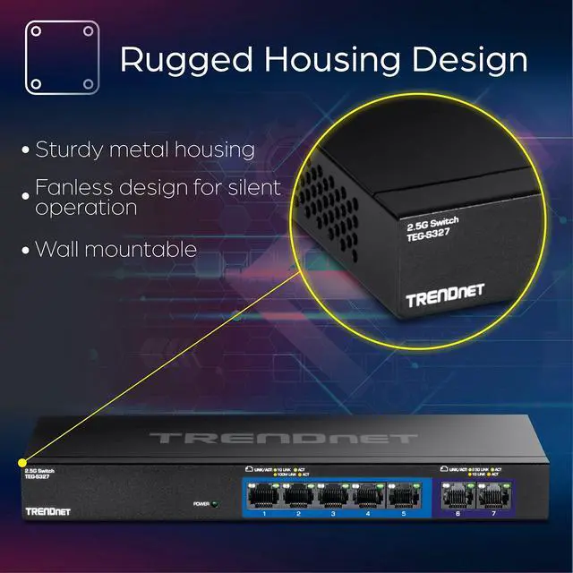 Alt view image 4 of 7 - 7-Port Multi-Gig Gaming Switch, TEG-S327, 5 x 1G RJ-45 Base-T Ports, 2 x 2.5G RJ-45 Ports, 20Gbps Switching Capacity, Wall Mountable, Plug & Play, Lifetime Protection, Black