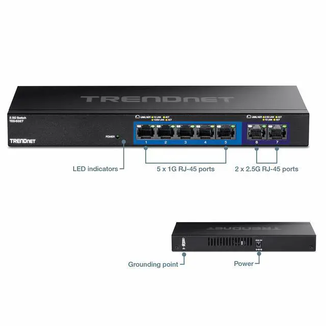 Alt view image 7 of 7 - 7-Port Multi-Gig Gaming Switch, TEG-S327, 5 x 1G RJ-45 Base-T Ports, 2 x 2.5G RJ-45 Ports, 20Gbps Switching Capacity, Wall Mountable, Plug & Play, Lifetime Protection, Black