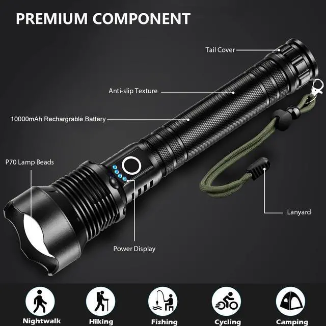 Alt view image 3 of 7 - Rechargeable LED Flashlights High Lumens, 90,000 Lumens Super Bright Flashlight with 5 Modes & Waterproof, Powerful Handheld Flashlight for Camping Emergencies