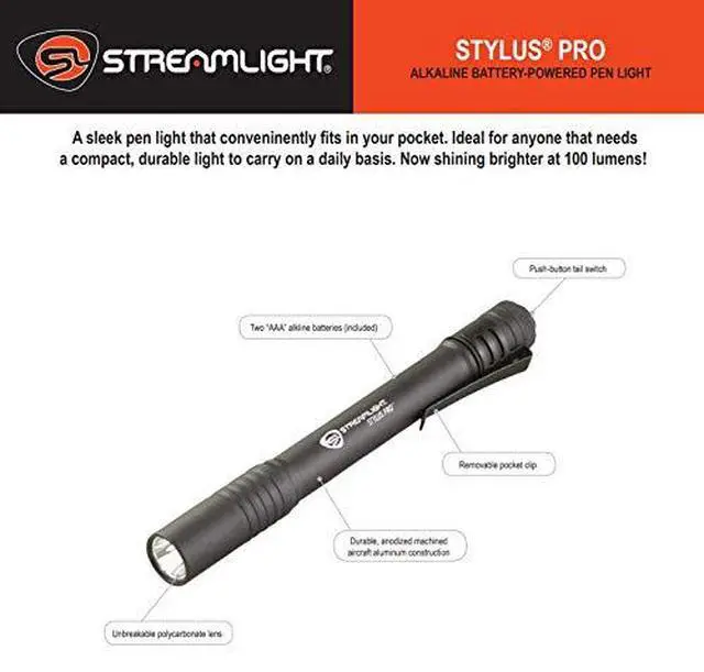 Alt view image 4 of 7 - 66118 Stylus Pro 100-Lumen Penlight with 2 AAA Alkaline Batteries, Black