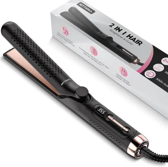 Main image of 360° Airflow Styler Curling Iron, 2 in 1 Hair Straightener and Curler with Vented Cool Air to Lock in Style, 1.25 Inch Extra Long Flat Iron Curling Iron in One, Dual Voltage for Travel, LCD Display