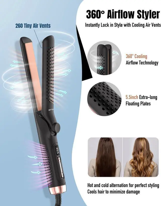 Alt view image 2 of 6 - 360° Airflow Styler Curling Iron, 2 in 1 Hair Straightener and Curler with Vented Cool Air to Lock in Style, 1.25 Inch Extra Long Flat Iron Curling Iron in One, Dual Voltage for Travel, LCD Display