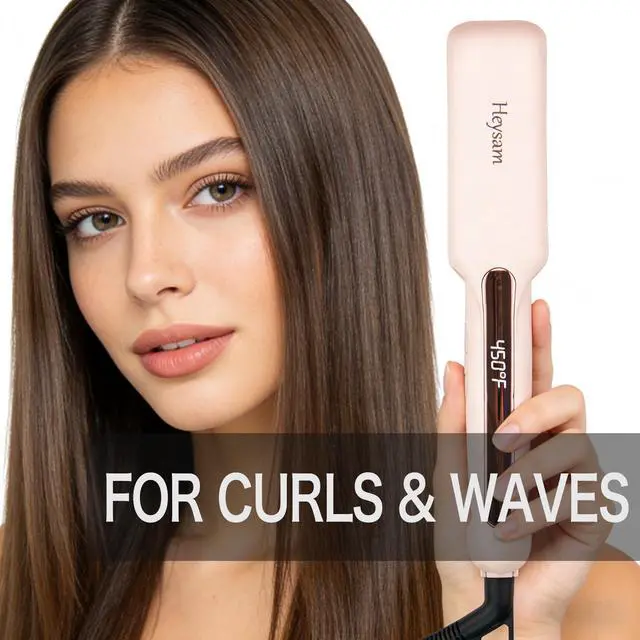 Alt view image 7 of 7 - Flat Iron Hair Straightener and Curler 2 in 1, Travel Portable Dual Voltage Hair Irons for Thick Hair, Wide Ionic Straightener 1.6-Inch, 30S Fast Heating, LCD Display, Smooth & Frizzy, Pink