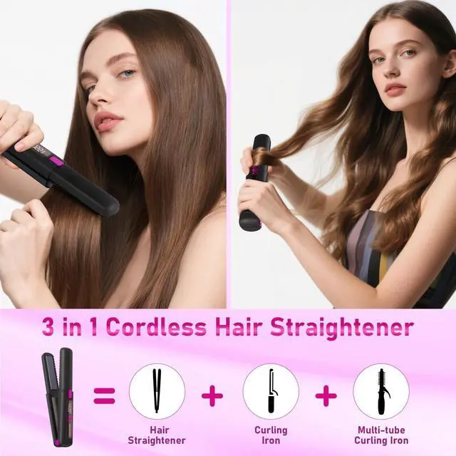 Alt view image 3 of 7 - Cordless Hair Straightener, 2 in 1 Ceramic Flat Iron and Curler with Hairpin, 6 Levels of Temperature Adjustment, 4500mAh Battery, Type-C Charging, Portable Hair Straightener for Travel (Black)