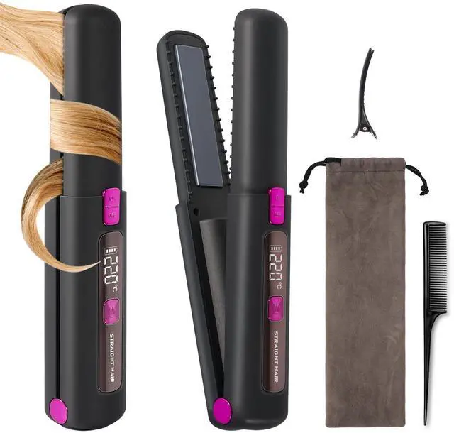 Main image of Cordless Hair Straightener, 2 in 1 Ceramic Flat Iron and Curler with Hairpin, 6 Levels of Temperature Adjustment, 4500mAh Battery, Type-C Charging, Portable Hair Straightener for Travel (Black)