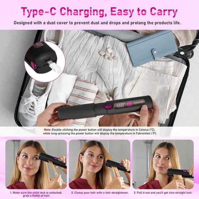 Alt view image 7 of 7 - Cordless Hair Straightener, 2 in 1 Ceramic Flat Iron and Curler with Hairpin, 6 Levels of Temperature Adjustment, 4500mAh Battery, Type-C Charging, Portable Hair Straightener for Travel (Black)