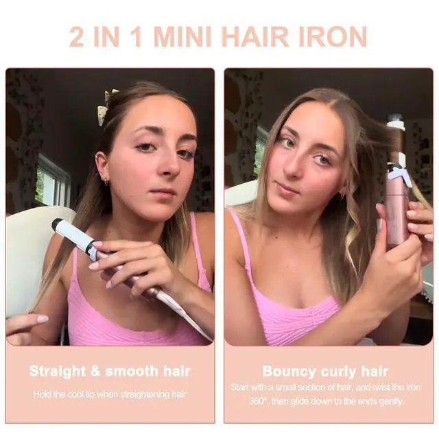 Alt view image 7 of 7 - Mini Travel 2 in 1 Curling Iron Small Hair Straightener and Curler Dual Voltage Flat Iron,1 Inch Hair Iron,Ceramic Portable Curling Wand,for Short Hair,Curls Bangs (Rose Gold)