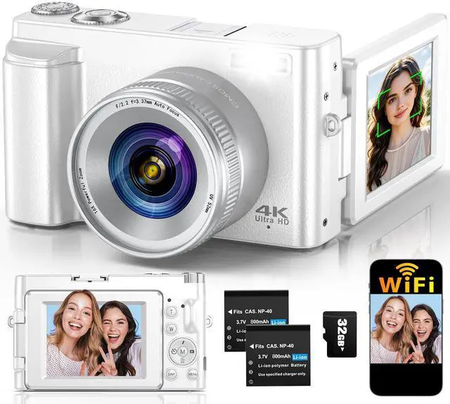 Main image of 4K Digital Camera for Photography Autofocus, 64MP WiFi Vlogging Camera for YouTube with 2 Batteries, SD Card, 3" 180°Flip Screen Selfie Compact Travel Camera for Teens with 16X Zoom