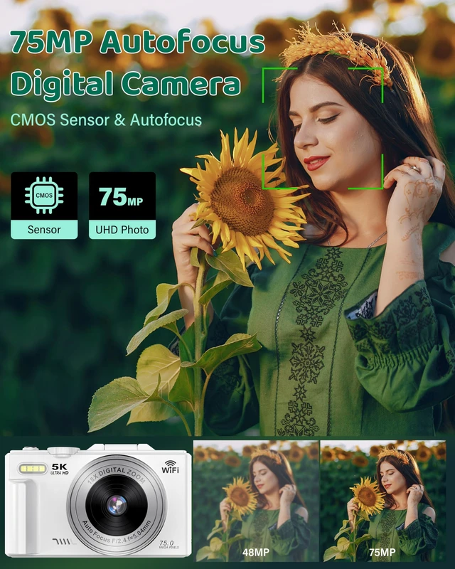 Alt view image 2 of 7 - 5K Digital Camera WiFi Cameras for Photography 75MP UHD Autofocus Vlogging 5K 75MP White, WiFi Autofocus Vlogging Camera for YouTube, Compact 3" 180° Flip Screen, 18X Zoom, 32GB Card, Batteries