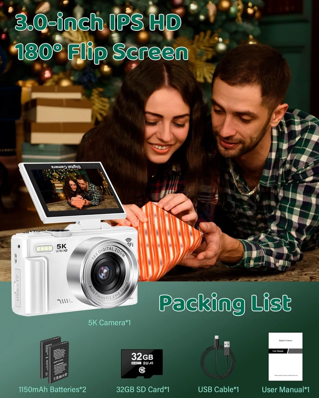 Alt view image 7 of 7 - 5K Digital Camera WiFi Cameras for Photography 75MP UHD Autofocus Vlogging 5K 75MP White, WiFi Autofocus Vlogging Camera for YouTube, Compact 3" 180° Flip Screen, 18X Zoom, 32GB Card, Batteries