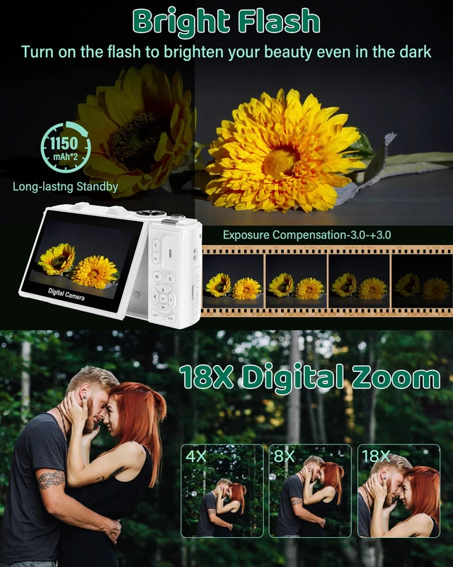 Alt view image 4 of 7 - 5K Digital Camera WiFi Cameras for Photography 75MP UHD Autofocus Vlogging 5K 75MP White, WiFi Autofocus Vlogging Camera for YouTube, Compact 3" 180° Flip Screen, 18X Zoom, 32GB Card, Batteries