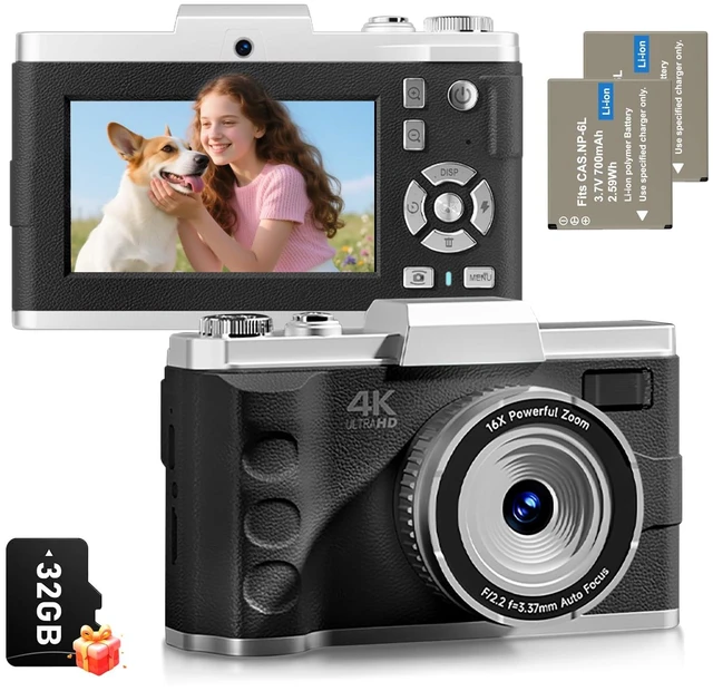 Main image of 4K Digital Camera for Photography, Autofocus 64MP Vlogging Camera for YouTube Video, Rear and Front Cameras, 16X Zoom Compact Anti-Shake Camera for Teens with 2 Batteries, 32GB Card, Black