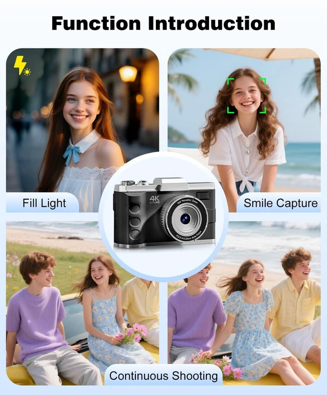 Alt view image 7 of 7 - 4K Digital Camera for Photography, Autofocus 64MP Vlogging Camera for YouTube Video, Rear and Front Cameras, 16X Zoom Compact Anti-Shake Camera for Teens with 2 Batteries, 32GB Card, Black
