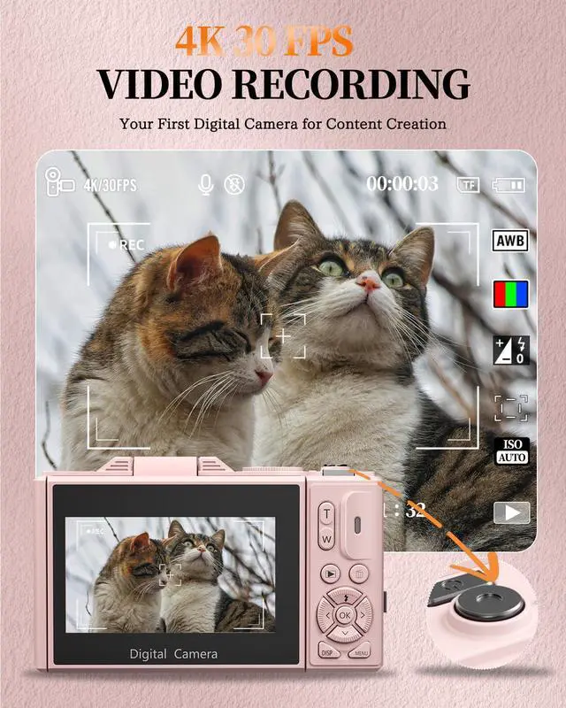 Alt view image 2 of 7 - 4K Digital Camera for Beginners & Teens, Compact Vlogging Camera with 180° Flip Screen, Autofocus, Easy-to-Use for Travel & YouTube, 18X Zoom, WiFi, 2 Batteries, 32GB Card