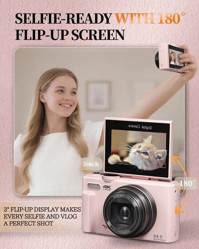 Alt view image 5 of 7 - 4K Digital Camera for Beginners & Teens, Compact Vlogging Camera with 180° Flip Screen, Autofocus, Easy-to-Use for Travel & YouTube, 18X Zoom, WiFi, 2 Batteries, 32GB Card