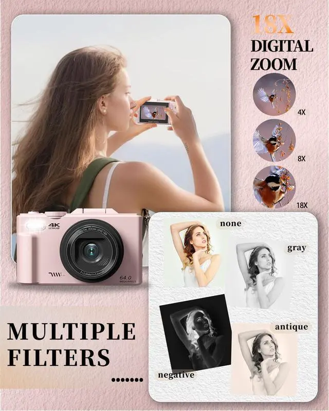 Alt view image 6 of 7 - 4K Digital Camera for Beginners & Teens, Compact Vlogging Camera with 180° Flip Screen, Autofocus, Easy-to-Use for Travel & YouTube, 18X Zoom, WiFi, 2 Batteries, 32GB Card