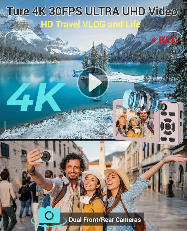 Alt view image 2 of 7 - 4K Digital Camera for Photography- 64MP Autofocus Vlogging Camera with Dual Lens, 18X Digital Zoom- Small Point and Shoot Camera with Card and 2000mAh for YouTube, Travel, Beginners (Pink)
